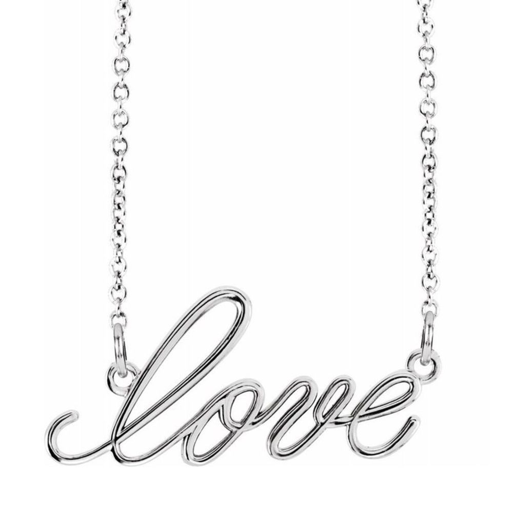 14K White Gold Small Love Script Necklace, 16 Inch